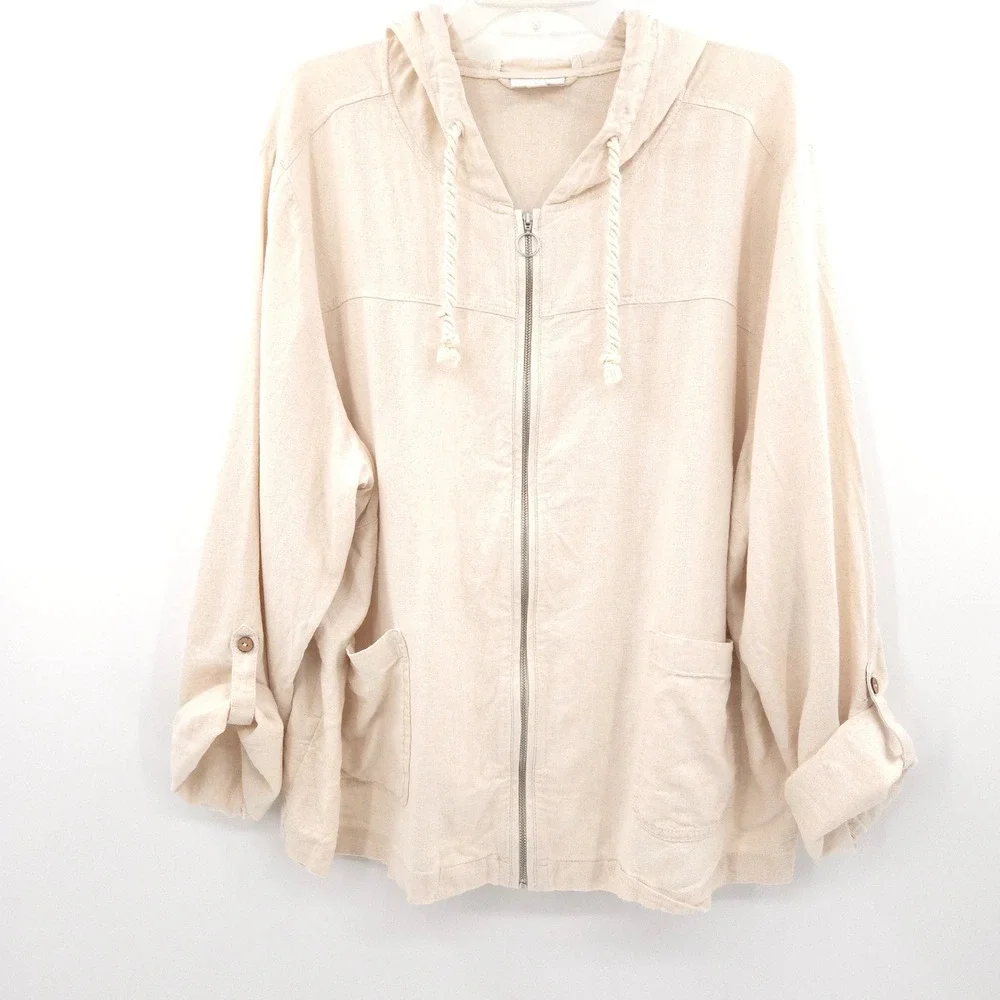 J. Jill Zip Up Linen Hoodie Jacket Womens 3X Beige Blend Roll Tab Sleeve